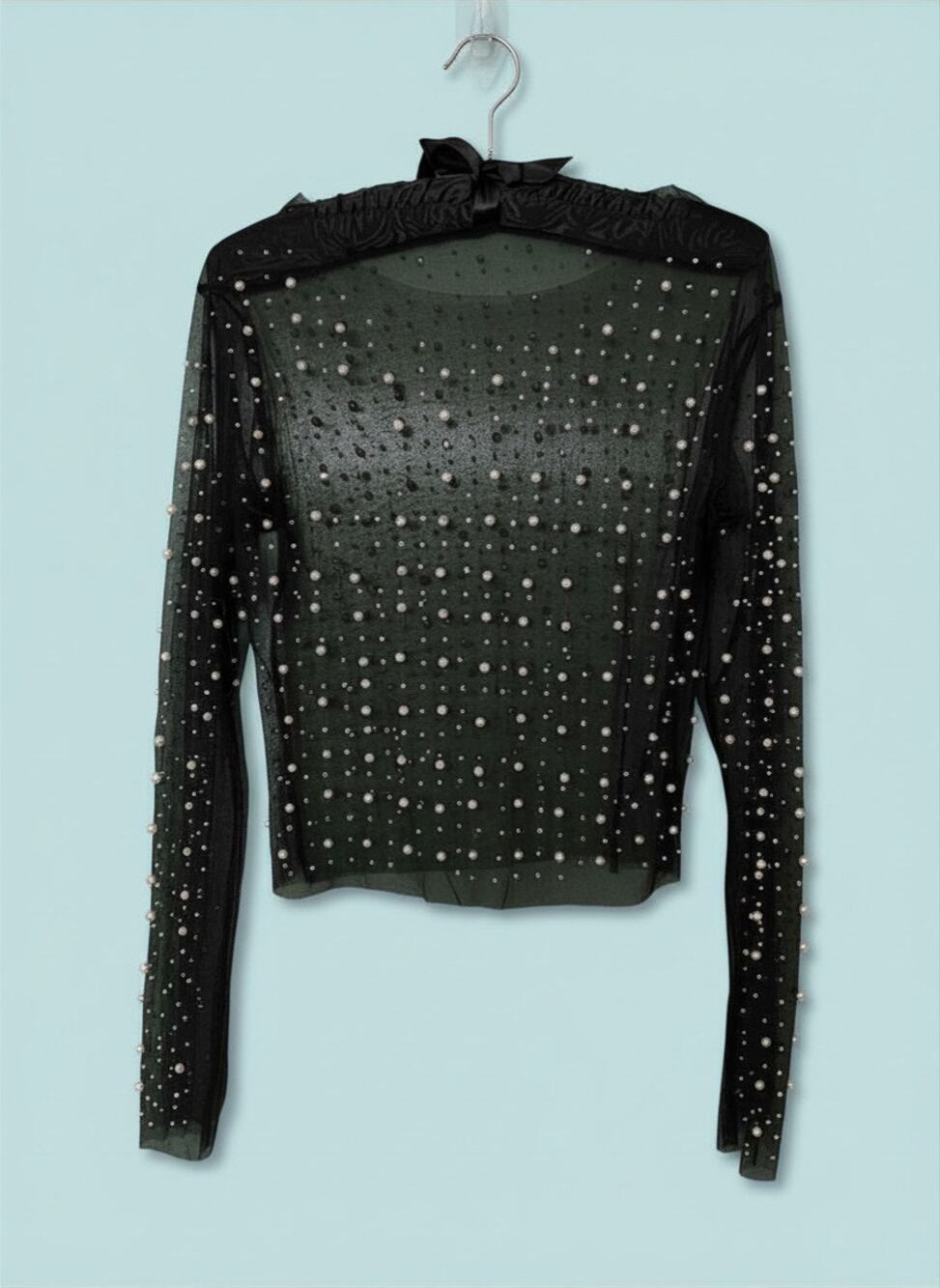 Pearl Rhinestone Sheer Mesh Top Black Sz XS